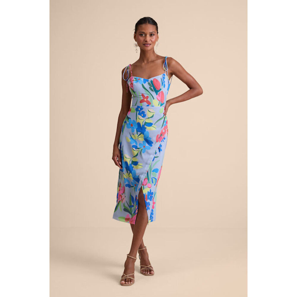 Lulus Kristel Blue Floral Print Tie-strap Midi Dress - Size M